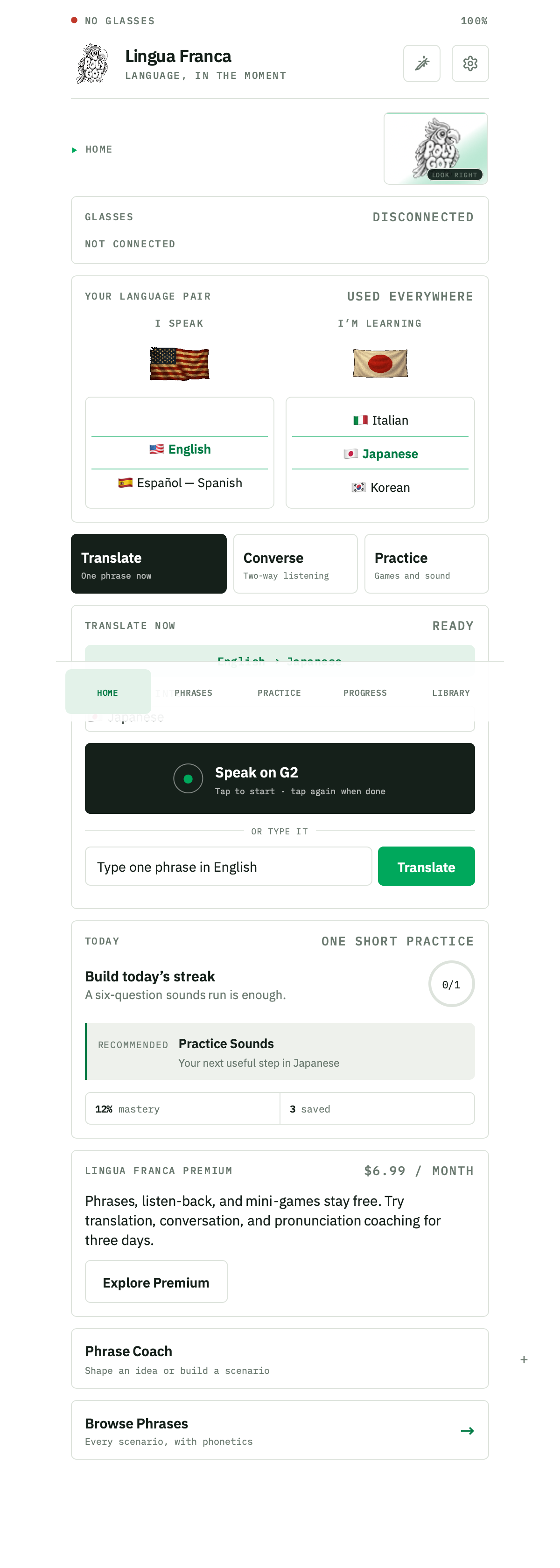 Lingua Franca companion showing language selection, Translate, and daily practice