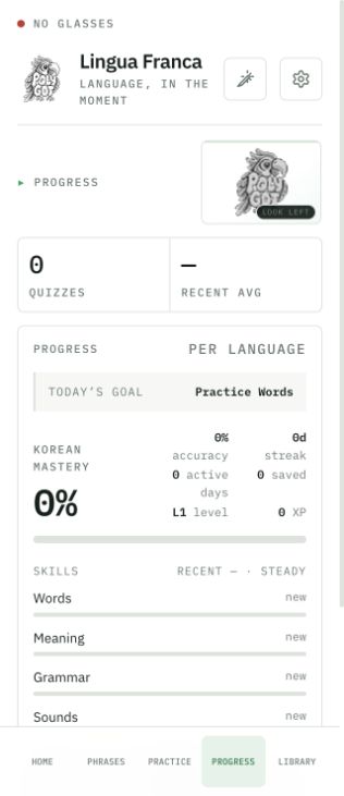 Current Lingua Franca progress view with POLYGOT and Korean skill tracking